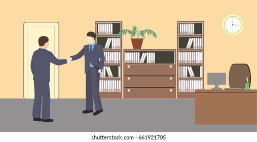 People in room.  Flat style vector illustration. Situation in office. Workplace. Two men in office. Office interior. Business meeting at the office. Business partners.