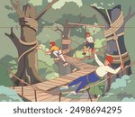 People in rope adventure park. Family having fun at sport entertainment park, climbing between trees, rope ladder, suspension bridges, happy man and woman in equipment, vector cartoon concept