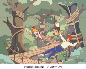 Personas en Rope Adventure Park. Familia que se divierte en el parque de la diversión del deporte, escalando entre árboles, escalera de la cuerda, puentes de suspensión, hombre y mujer felices en equipo, concepto de dibujos animados del Vector