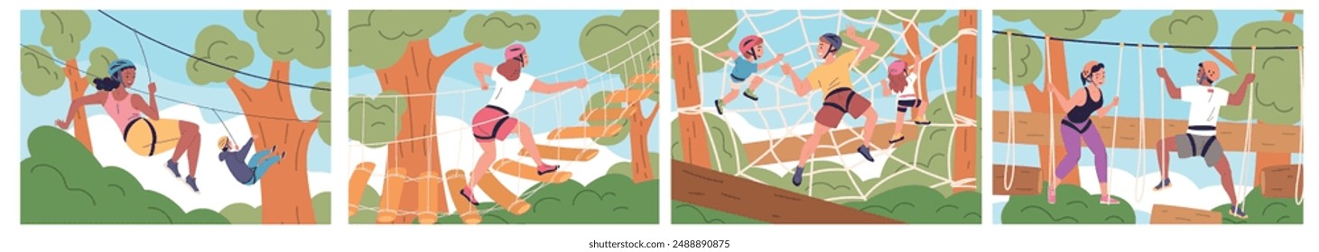 People in rope park. Woman man children on zip-line or walking obstacle course, forest adventure extreme recreation fun action climbing, family climbers classy vector illustration authors graphics