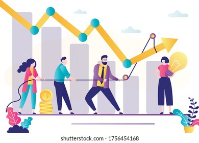 People with rope raise falling chart. Increase in profit and income. Businesspeople working together. Crisis management. Teamwork and brainstorming. Female employee with new idea. Vector illustration
