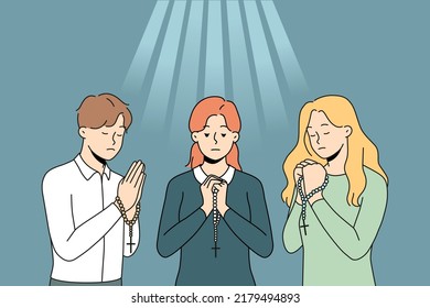 People with rosary praying to go asking for good fate. Religious superstitious believers show faith and belief. Religion and prayer. Vector illustration. 