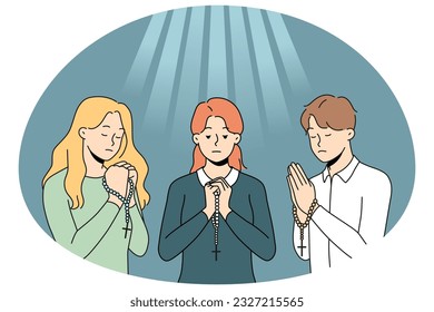 People with rosary praying to go asking for good fate. Religious superstitious believers show faith and belief. Religion and prayer. Vector illustration.