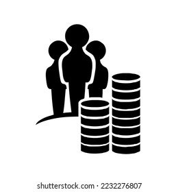 People with round metal money and piles, stacks of metal coins, symbol of economy growth, profit, wealth, treasure, graphic, vector, illustration in black and white color, isolated on white background