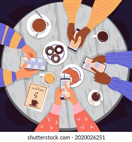 People at a round table in a cafe are looking at their phones. Coffee, croissants and donuts on the table. Telephone addiction concept. Vector illustration, top view