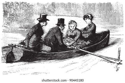 People in a rowing boat  / Vintage illustration from "La petite soeur par Hector Malot" 1882