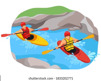 People rowing in canoe or kayak, extreme sport adventure. Men exercising or competing in water in summer. Outdoor risky recreation and exercise vector illustration. Healthy lifestyle in nature.