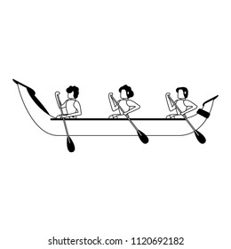 People rowing on boat in black and white