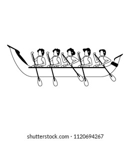 People rowing on boat in black and white