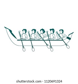 People rowing on boat in blue lines
