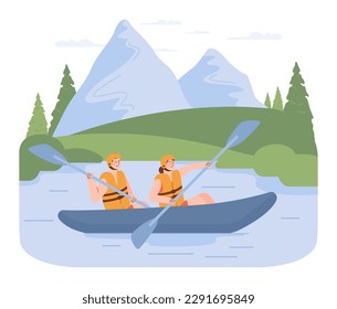 People rowing with paddles in kayak or canoe. Characters in helmets and life jackets rafting in river. Extreme water activity. Summer holidays in rural area. Flat vector illustration