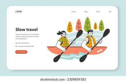 People rowing with paddles in kayak or canoe web banner or landing page. Characters wearing life jackets rafting in river. Extreme water activity. Holidays in rural area. Flat vector illustration