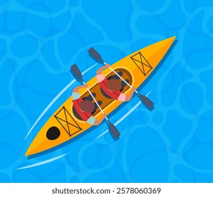 People rowing with paddles in kayak. Men in helmets and life jackets rafting in sports boat with oars. Extreme water activity.