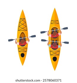 People rowing with paddles in kayak. Men in helmets and life jackets rafting in sports boat with oars. Extreme water activity.