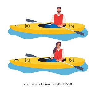 People rowing with paddles in kayak, side view. Man and woman in life jackets rafting in sports boat with oars. Extreme water activity.