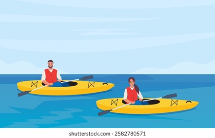 People rowing with paddles in kayak, side view. Man and woman in life jackets rafting in sports boat with oars. Extreme water activity.