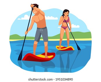 People rowing and surfing, extreme sport adventure. Man and woman in water on sup boards in summer. Outdoor risky recreation and exercise vector illustration. Healthy lifestyle in nature.