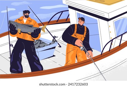 People in rubber jumpsuits angling. Adult men in fisher uniform with rod catch big fish. Professional fishermen float on ship, fishing in river. Industrial fishery on sea. Flat vector illustration