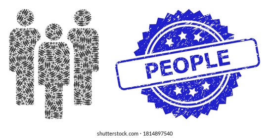 People rubber seal print and vector recursive collage people. Blue stamp seal contains People tag inside rosette. Vector mosaic is made of recursive rotated people pictograms.