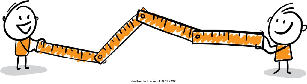 People with ruler. hand drawn doodle line art cartoon design character - isolated vector illustration outline
