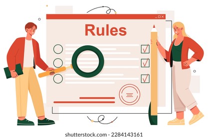 People with rules. Man with magnifying glass and woman with pencil reading instructions. Ethical business, organization of effective workflow. Terms and guide. Cartoon flat vector illustration