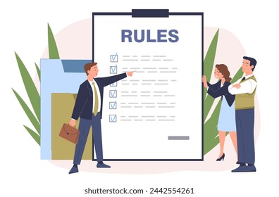 People with rules simple. Men and woman near notepad with tasks. Company corporate people with tasks. Ethical business. Doodle flat vector illustration isolated on white background