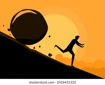 People run away from rocks rolling down the mountain. business concept 