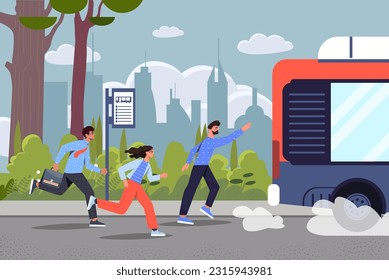 La gente corre detrás del concepto de autobús. Hombres y mujeres perdieron su vehículo. Transporte público e infraestructura urbana. Ciudadanos en la parada de autobús. Gestión del tiempo deficiente. Dibujo vectorial plano de dibujos animados