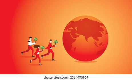 People run and bring trees to the red and hot earth. Environmental concern, plant a tree, Net zero carbon footprint emission, Sustainability, Global heating, Climate emergency, and crisis concept.