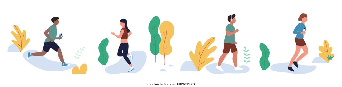 La gente corre en el parque de la ciudad, ejercita la actividad deportiva de la ilustración vectorial. Caricatura de una joven mujer corredora personajes hacen ejercicio saludable en la naturaleza, jogging matutino o diario y entrenamiento aislado en blanco