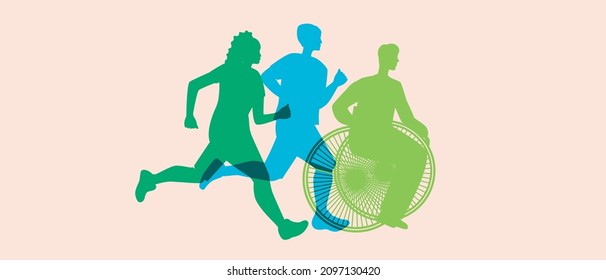 Menschen laufen, behinderten Rollstuhlsport. Silhouette Vektorgrafik. Inklusive Sport und Aktivitäten. Runners als Konzept der Inklusivität. Rollstuhl und Laufen. Isolierte Silhouetten