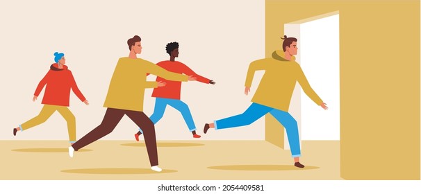 Die Leute laufen zur Tür. Flache Vektorgrafik. Das Gebäude ist umgezogen. Das Konzept der Evakuierung, Freiheit. Eine Gruppe von Leuten hat es eilig. Evakuierungslauf