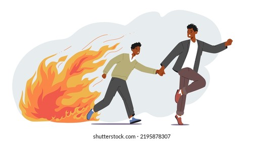 People Run Escaping from Ragging Fire, African Man and Boy in Dangerous Situation, Characters Leaving War Zone, Evacuation Isolated on White Background. Cartoon People Vector Illustration