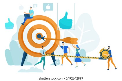 People Run to Goal Cartoon Flat Vector Illustration. Businessman Instructing Workers. Achieving Success. Leadership Practicing Skills in Team. Teamwork in Business. Hitting Target.