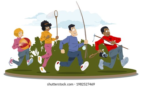 People run to have a rest in nature. Illustration for internet and mobile website. Stock illustration.