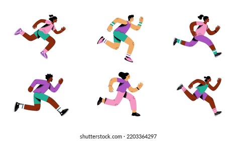 People run. Human action runners in marathon, man and woman do exercises, girl and boy in fast sprint. Bright sportswear contemporary person. Vector illustration cartoon flat characters