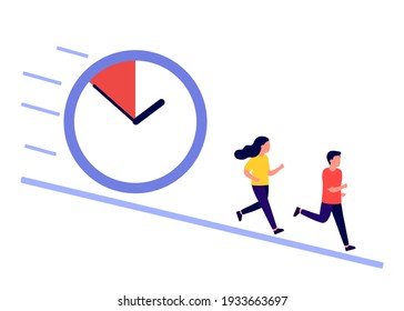 People run, hurry, rush, time is running out. Work time management, people and clock, deadline. People are late. Business timing, concept of interaction people and time. Vector