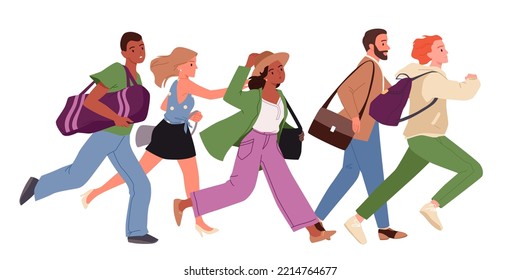 People Run In Hurry Vector Illustration. Cartoon Isolated Diverse Crowd Of Young Active Adult Characters Running Fast, Man And Woman In Casual Clothes Rush On Urgent Goals, Buyers Run On Shopping