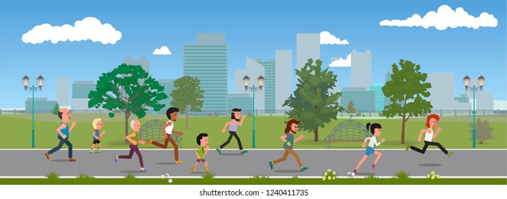 People run a marathon in a city park. Vectonic illustration, flat design style.