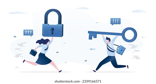 People run to meet each other. Cooperation helps to solve business problems and overcome obstacles. Businesswoman with lock and businessman with big key. Relationship, colleagues. vector illustration