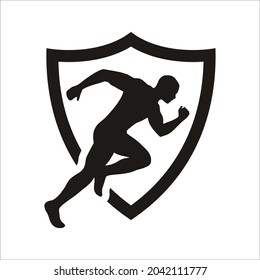 People run on shield. simple flat design with negative space style.