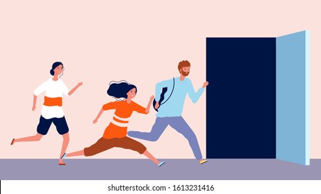 People run to open door. Being late, men and women hurry. End or beginning of working office day vector illustration