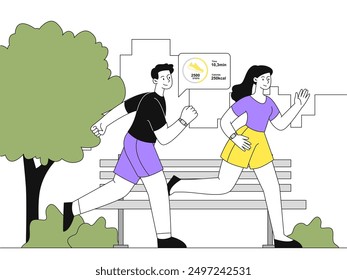 Las Personas corren en el parque. Hombre y mujer corriendo en el parque de la ciudad. Maratón y sprint. Estilo de vida activo y deportes. Corredores corriendo al aire libre. Ilustración vectorial lineal aislada sobre fondo blanco