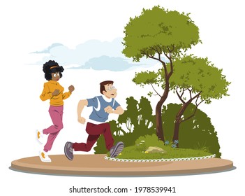 People run in park. Rest on nature. Illustration concept for mobile website and internet development.