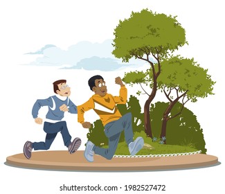 People run in park. Rest on nature. Illustration concept for mobile website and internet development.