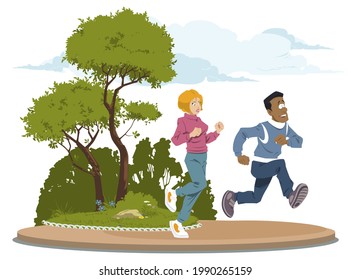 People run in park. Rest on nature. Illustration concept for mobile website and internet development.