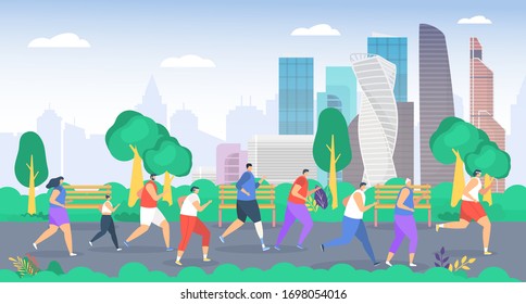 People run in park vector illustration. Cartoon flat group sportsman characters running together, active family or friends jogging marathon. Sport healthy activity in summer city park background