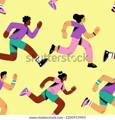 People run pattern. Doodle runners and pedestrian, small healthy characters, tiny man and woman in active poses on yellow background. Decor textile, wrapping paper. Vector seamless texture