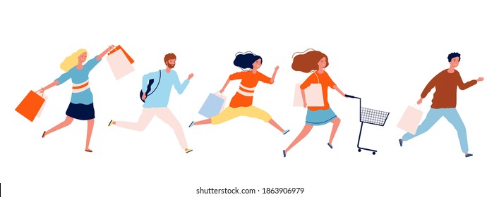 People run with purchases. Shopping time, sale or discounts. Open mall, woman man hurry to black friday vector illustration