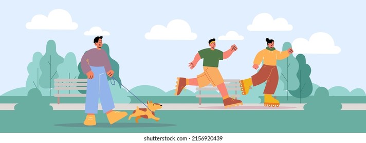 People run, ride on roller skates and walk with dog on leash in park. Vector flat illustration of summer landscape with man with puppy, girl on rollerskates and jogger